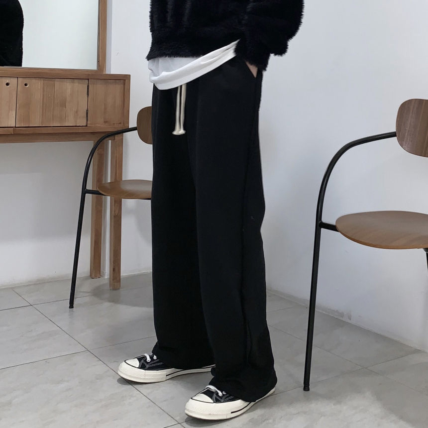 IEFB Loose Straight Casual Pants Men's Drawstring Streetwear Korean Wide Leg Pants Black Grey Elastic Waist Trousers 210524