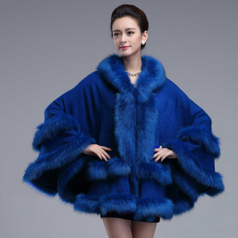 EuropeStyle Fashion Double Fur Coat Cape Hooded Knit Cashmere Cloak Cardigan Outwear Plus Size Women Winter Shawl 1.1kg 210928