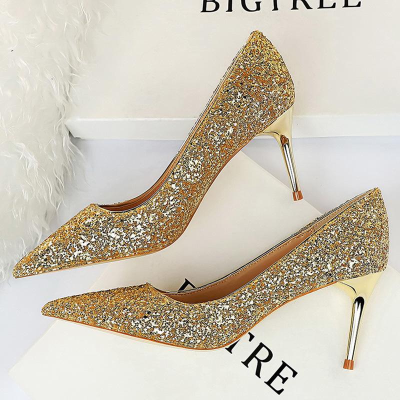 Dress Shoes Women 7.5cm Thin High Heel Pumps Bridal 2021 Bling Sparkly Heels Lady Party Fashion Glitter Wedding Plus Size