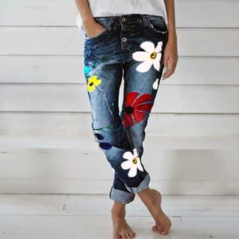 Women Floral Jeans High Waist Flower Print Trousers with Pockets Casual Bottoms Straight Denim Jeans Cargo Pants Women 210515