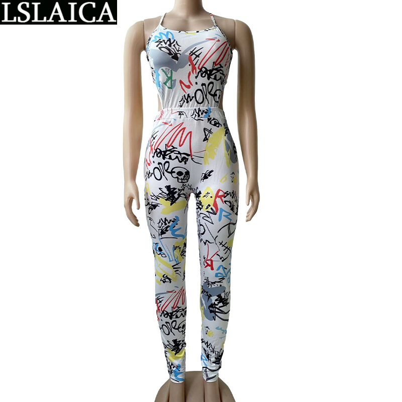 Sale Women Jumpsuit Sleeveless Graffiti Print High Waist Summer Plus Size Back Lace Up Jump Suits for 210515