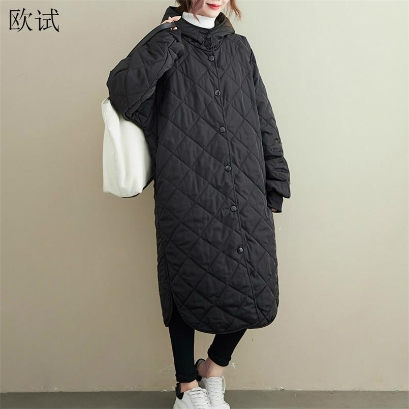 Oversized Long Hooded Jacket Winter Warm Coat Black Loose Woman Coats and Jackets Overcoat Womens Clothing Femme 210819