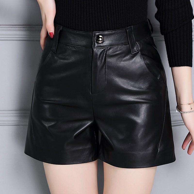 Real Leather Casual Streetwear High Waist Black Female Shorts Straight Punk Korean Fashion Sheepskin OL Plus Size 4XL Trousers Women's
