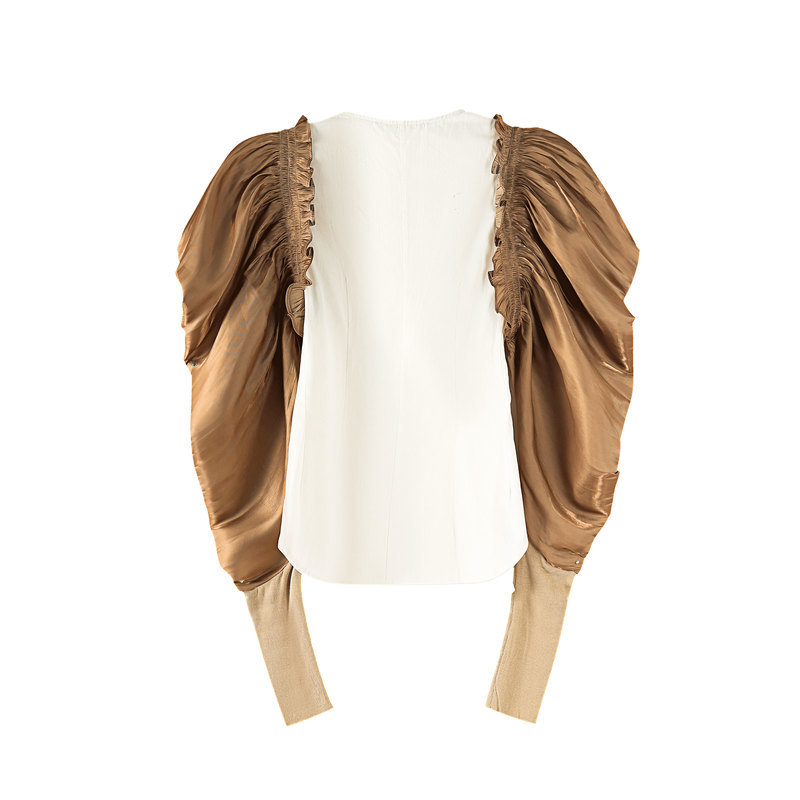 Nomikuma Women Blouse Puff Sleeve Hit Color Patchwork Shirt Korean O-neck Slim Tops Spring New Blusas Mujer De Moda 6F423 210427