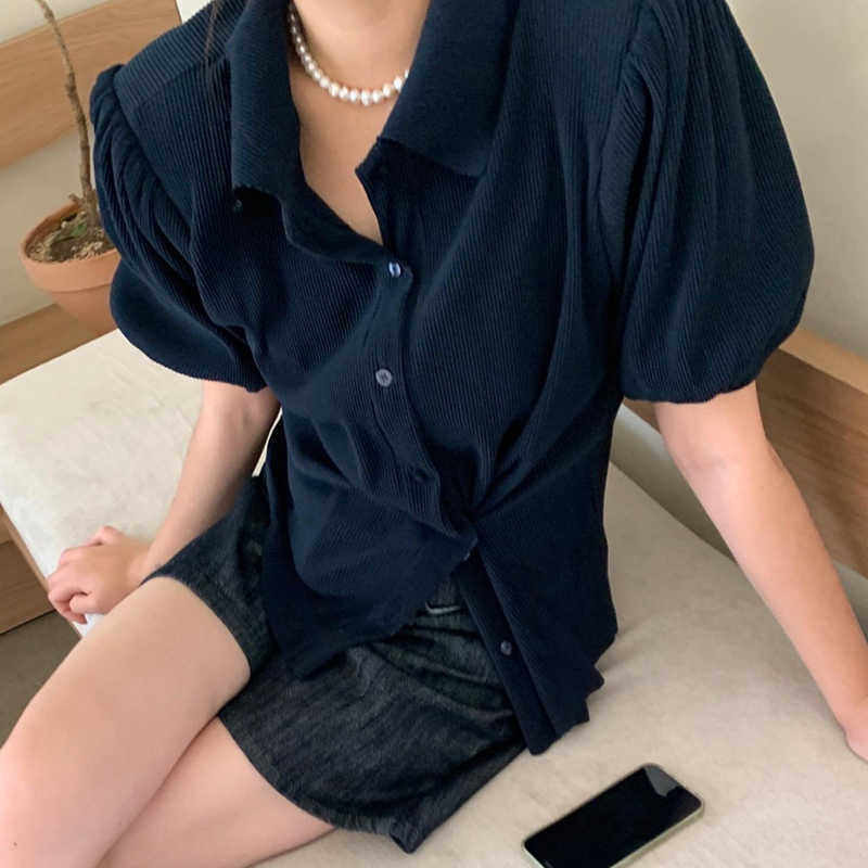Korejpaa Women Shirt Summer Korean Chic Niche Temperament Basic Puff Sleeve Irregular Buttons Lapel Beveled Edges Blouses 210526
