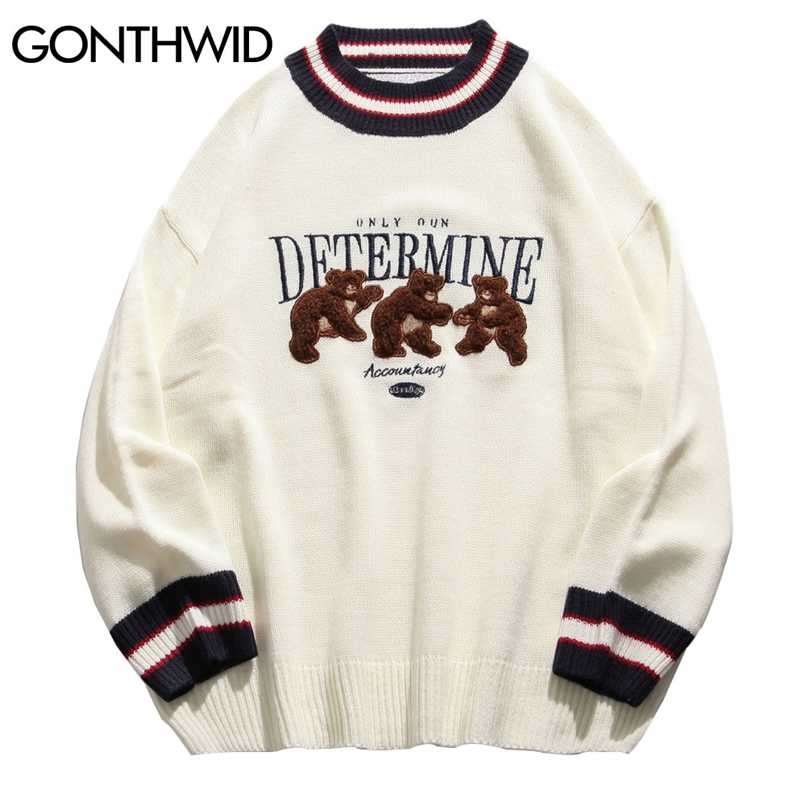 GONTHWID Bear Patchwork Striped Knitted Jumpers Sweaters Streetwear Hip Hop Harajuku Casual Pullover knitwear Mens Fashion Tops 211102