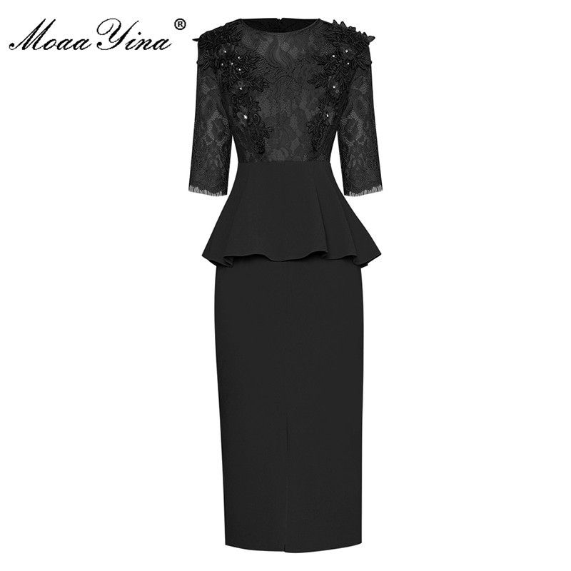 Summer Fashion Party Dress Women's Slim O-neck Lace Short sleeve Embroidered Ruffles Solid Pencil Midi 210524
