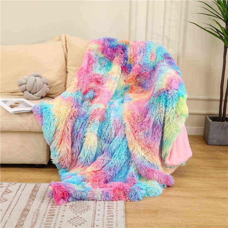 Double Layer Blanket Winter Cozy Warm Long Plush Rainbow Throw Blanket For Sofa Bed Colorful Furry Fluffy Tie Dye Bedspread 211227