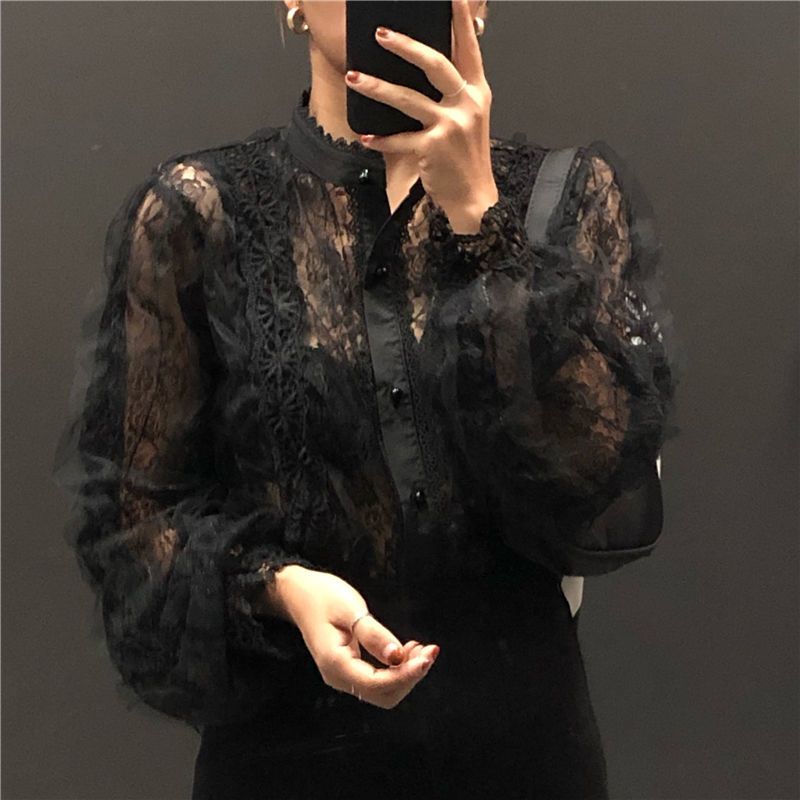 Wonder spring solid elegant lace blouse office ladys lantren sleeve ruffles Korean female Mesh Sheer Sexy shirt 210510