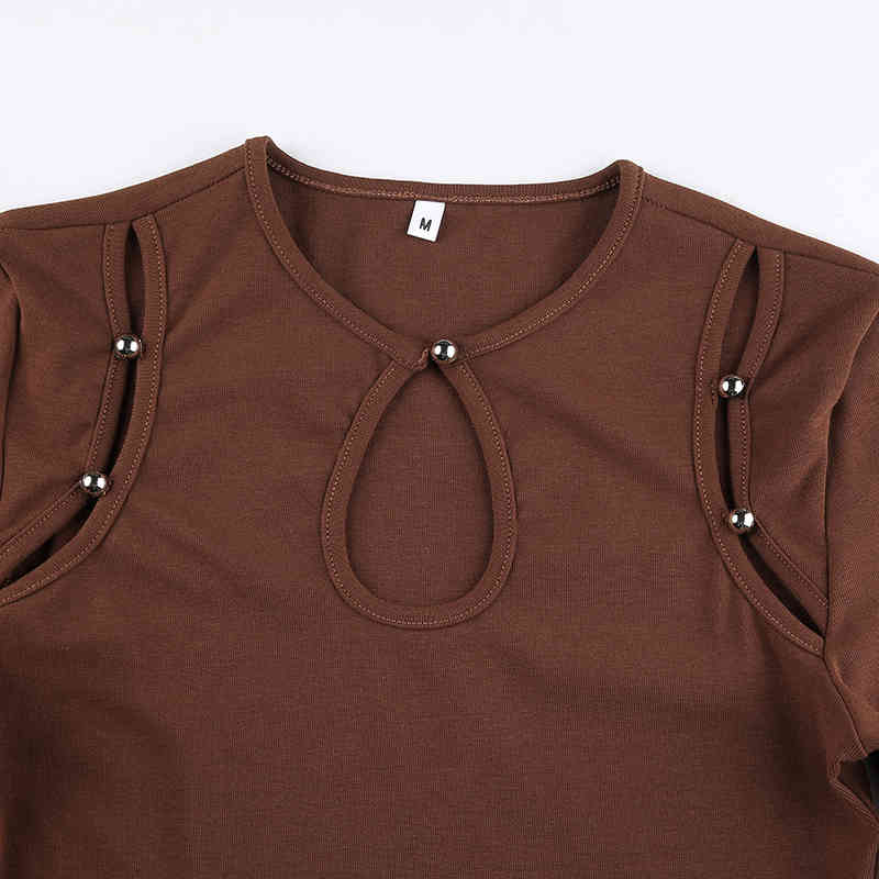 Women Spring Summer t shir fashion Skinny Sexy hollow shor long sleeved o-neck shirs ops wih Rive 210524