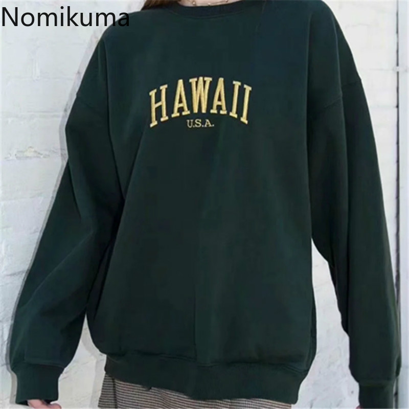 Nomikuma Korean Letters Embroidery Pullover Sweatshirt Causal Long Sleeve O-neck Top Jumper Autumn Winter New Hoodies 6C957 210427