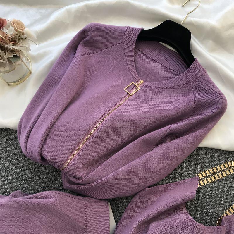 Nomikuma Autumn New Knitted 3pieces Sets Zipper Long Sleeve Sweater Coat + Chain Sling Vest + High Waist Harem Pants 6C115 210427