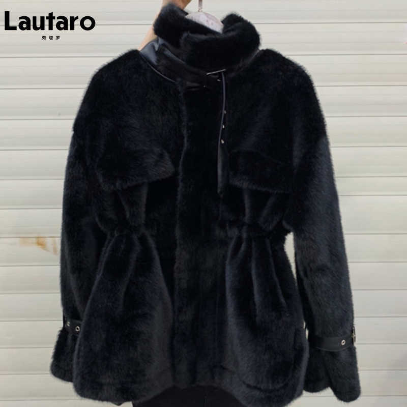 Lautaro Winter Soft Warm Thick Faux Fur Coat Women Drop Shoulder Long Sleeve Zipper Drawstring Fluffy Jacket Korean Fashion 211019