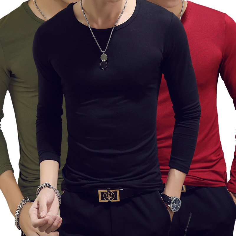 Spring and autumn men's T-shirt long sleeve round neck solid color top bottom coat Korean slim V-neck