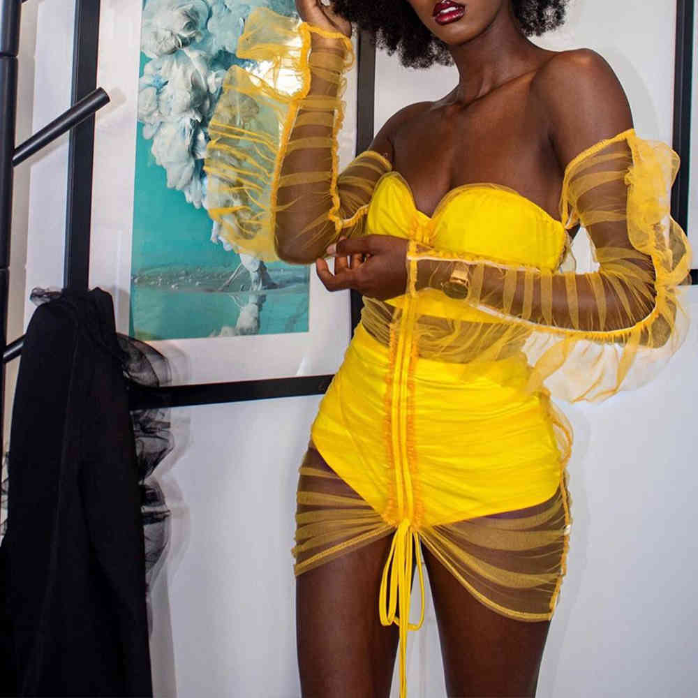 Summer Women Yellow Lace Off Shoulder Club Party Dress Sexy Long Puff Sleeve Evening Celebrity Runway Mini 210423