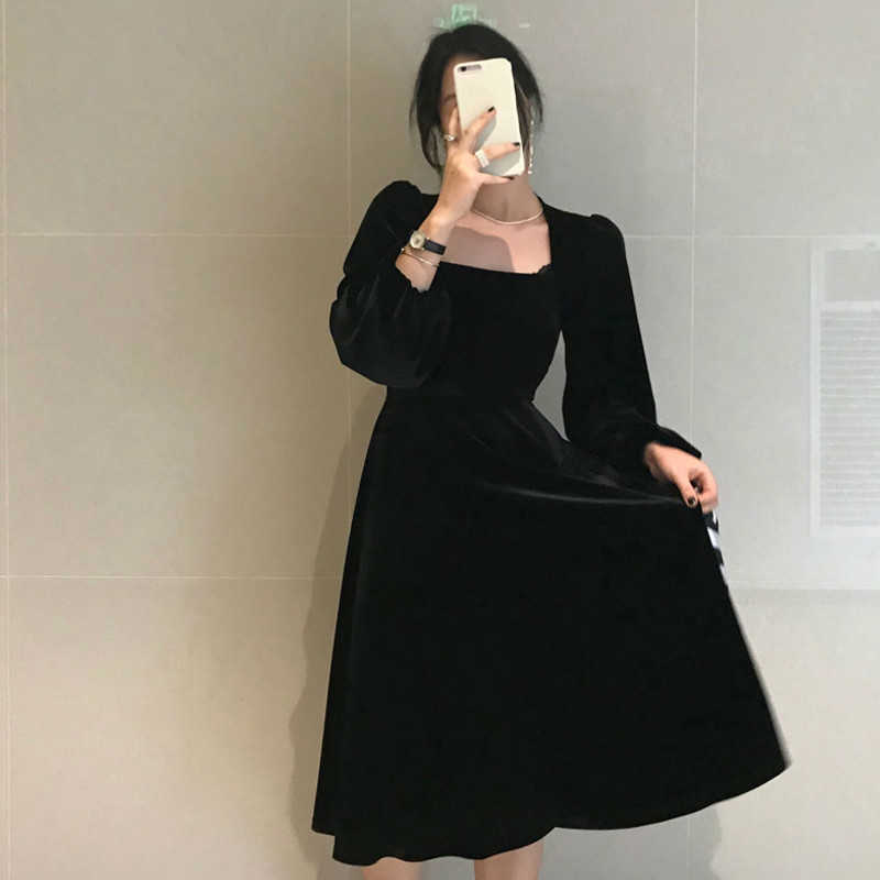Joinyouth Vintage Velour Women Dress Square Collar Puff Long Sleeve Dresses Spring Korean Elegant Vestidos Femme Clothes 210630