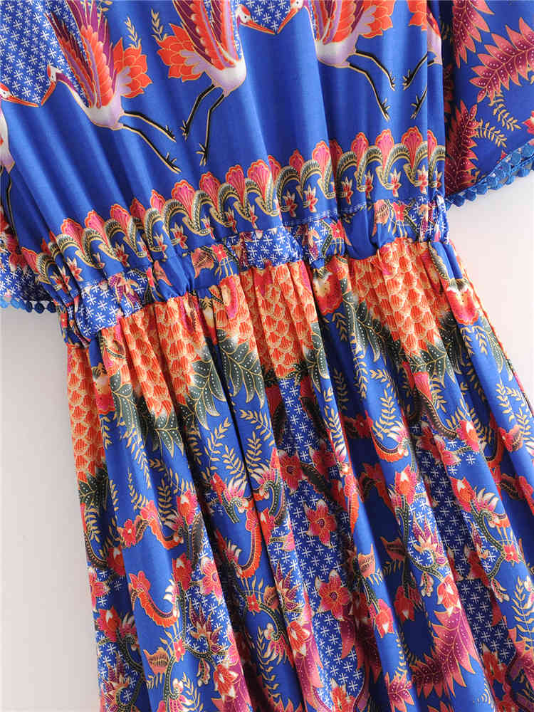 beauty Fashion Boho Vintage Print Maxi Dress Women Holiday Chic V-neck Single-breasted Summer Long Dresses Female 210514