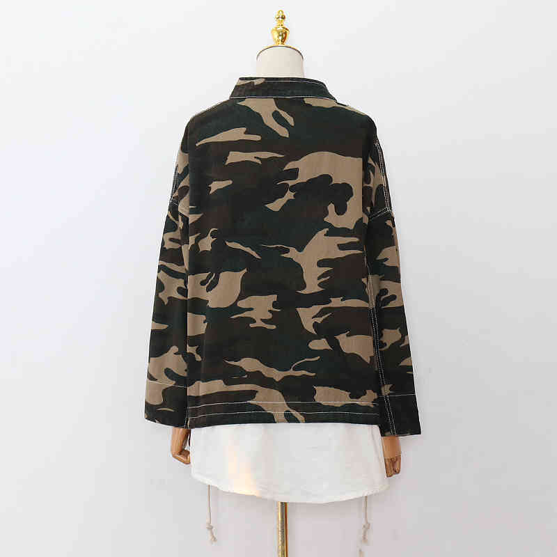 VGH Print Camouflage Jacket For Women Stand Collar Drawstring Oversized Casual Jackets Female Fall Fashion New Clothing 210421
