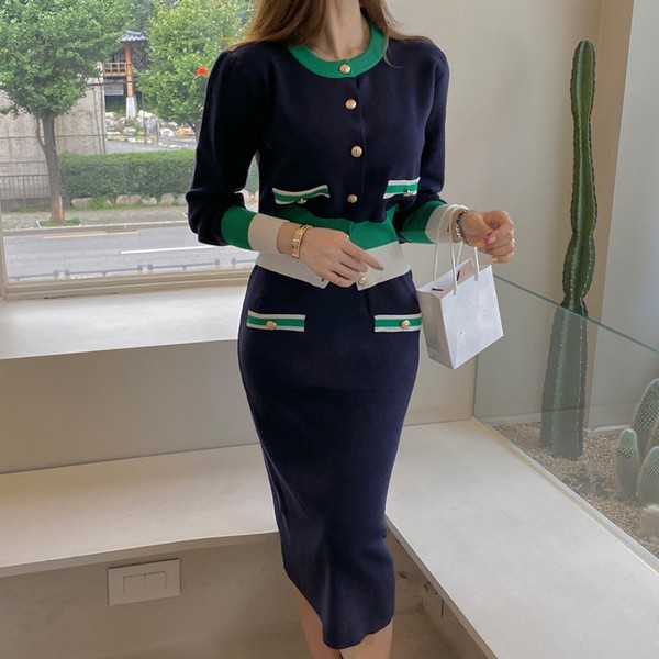 Women Knit Cardigans Skirts Sets Korea Elegant Knitted Sweater Top + High Waist Midi Skirt 2 Pieces Suits 210519