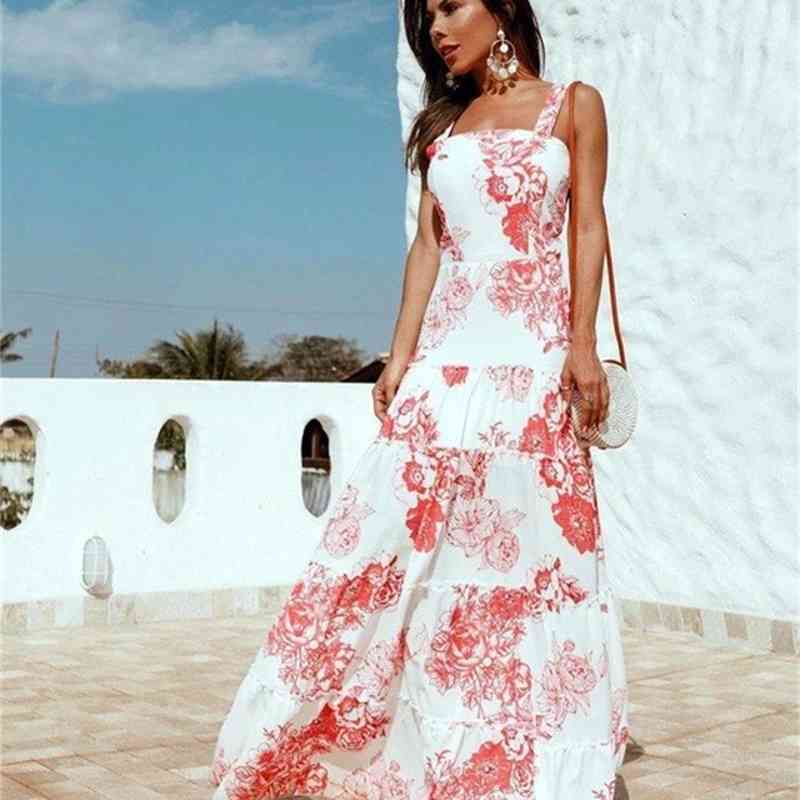 Women Dress Sleeveless Spaghetti Strap Printed Bohemia Sexy Floral Maxi es High Waist Large Hem Long es 210524