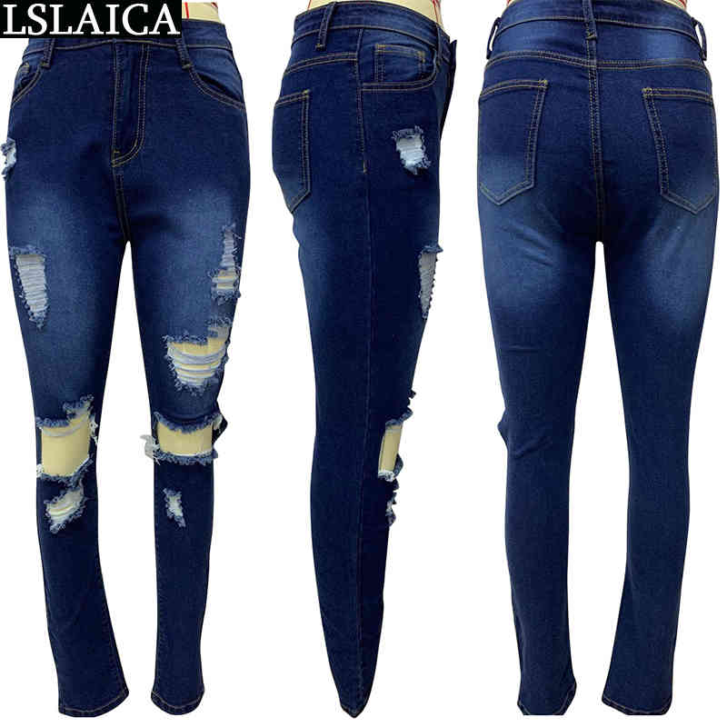 Denim Pants Women Fashion Hole Tassels Skinny Mid Waist Jeggings Jeans Casual Pencil Trousers Solid Pantalon Femme 210515