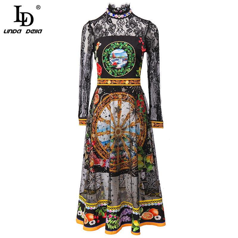 Autumn Runway Elegant Dress Women Long Sleeve Gorgeous Mesh Lace Sequin crystal Floral Print Vintage Midi 210522