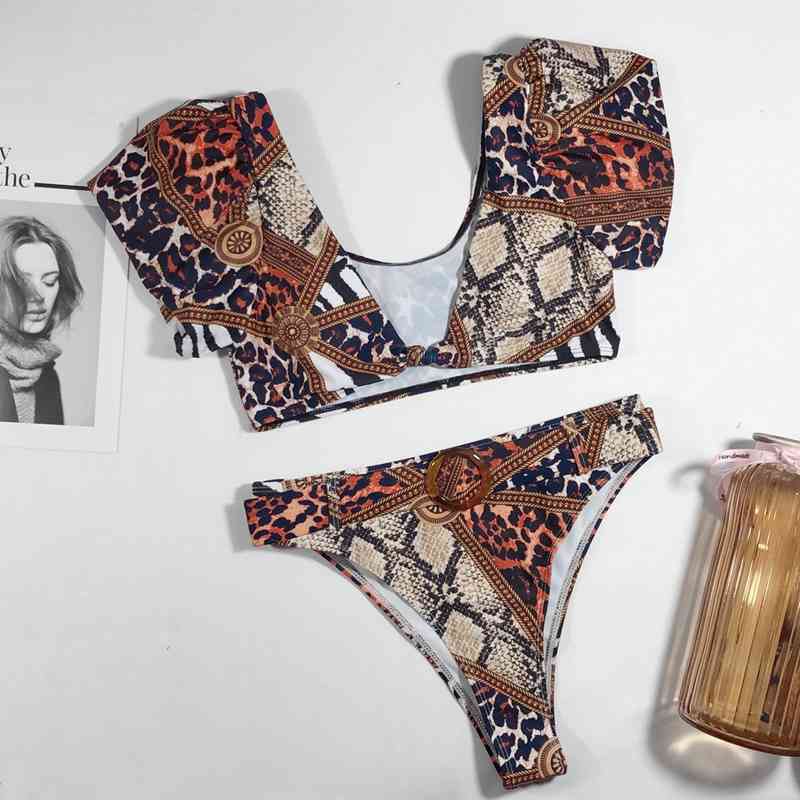 Sexy Half Sleeve Bikini Swimwear Women Deep V Push Up Swimsuit Print Set Belt Bathing Suits Beach Wear Swim Suit 210521