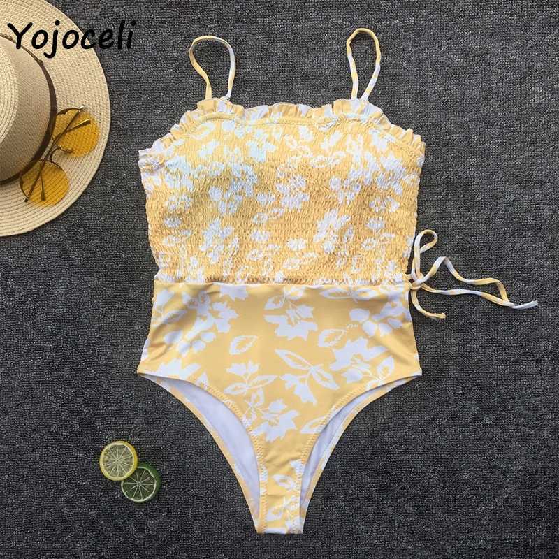 Yojoceli summer spring holiday floral print bodysuit women shirred bodycon boho beachwear bikini 210609