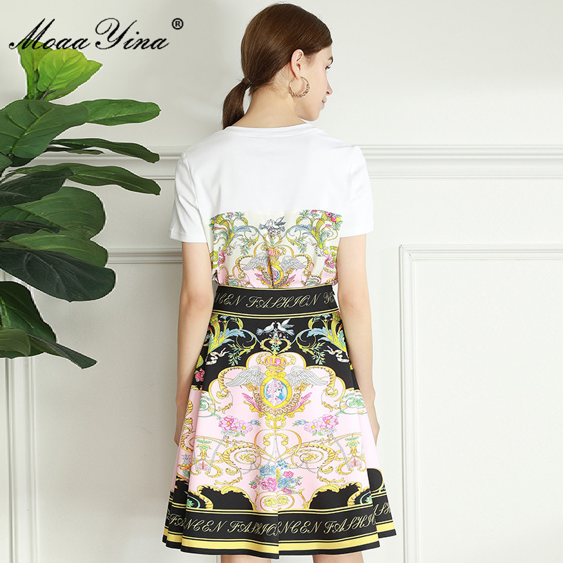 Fashion Runway Summer Casual Print Skirt Suit Women's Short Sleeve White Top+High waist Mini 2 Piece 210524