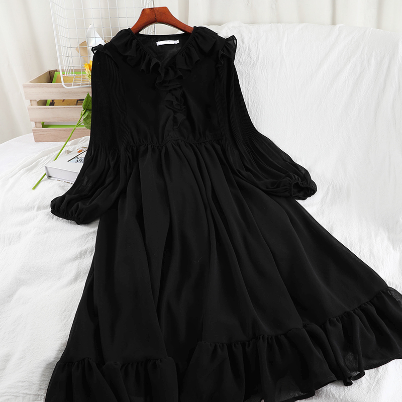 LoveFlowerLife Spring Autumn Casual Solid Lady Party Dress A Line V Neck Full High Waist Mid Calf Women Dresses 210521