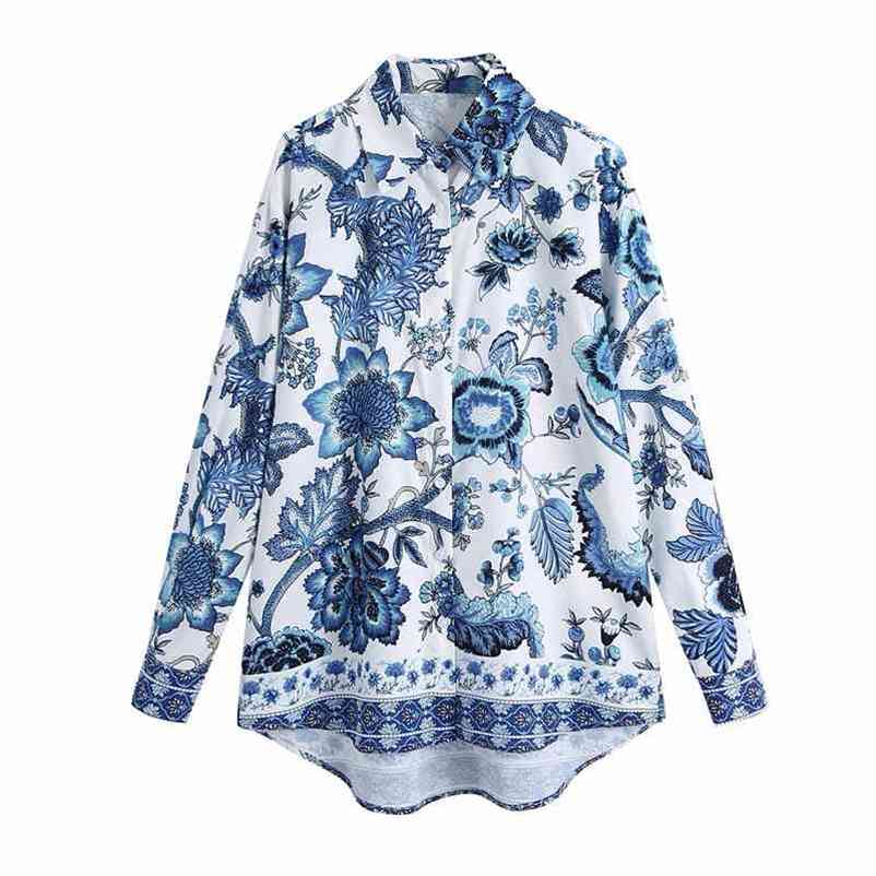 Chinese Style Women Blue And White Printing Shirts Fashion Ladies Turn Down Collar Tops Streetwear Female Chic Blouses 210527