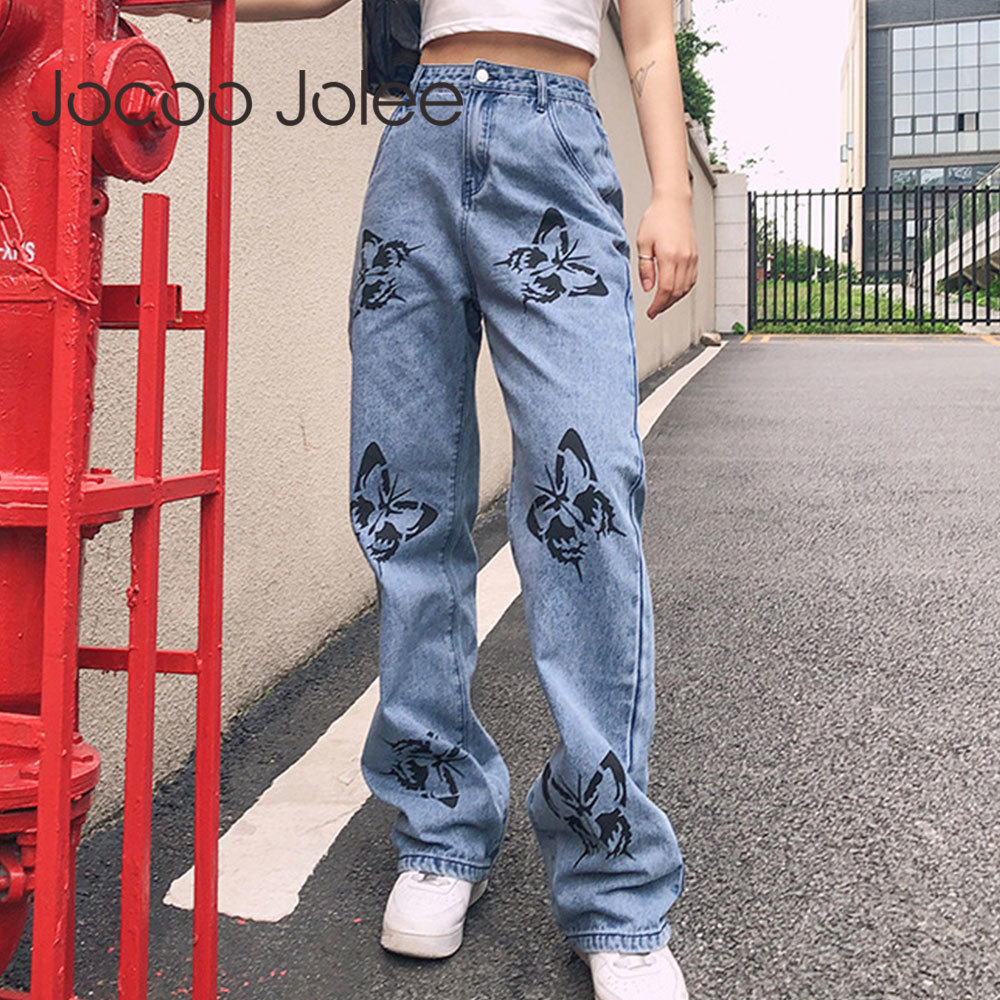 Casual High Waist Butterfly print Jeans Long Trousers Vintage Wide Leg Pants Streetwear Loose Blue 210428