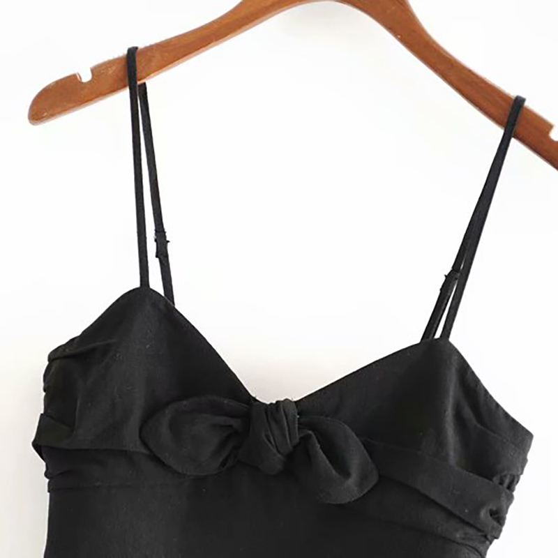 Sexy Spaghetti Strap Black Tops For Women V Neck Bow Holiday Beach Croptop Summer Skinny Sleeveless Lady Tank Cropped Feminino 210515