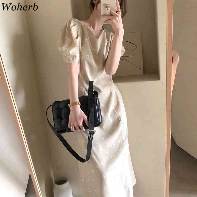 Summer Korean Floral Printed Robe Women Long Dress Short Puff Sleeve V-neck Chic Elegant Dresses Fashion Vestidos Femme 210519