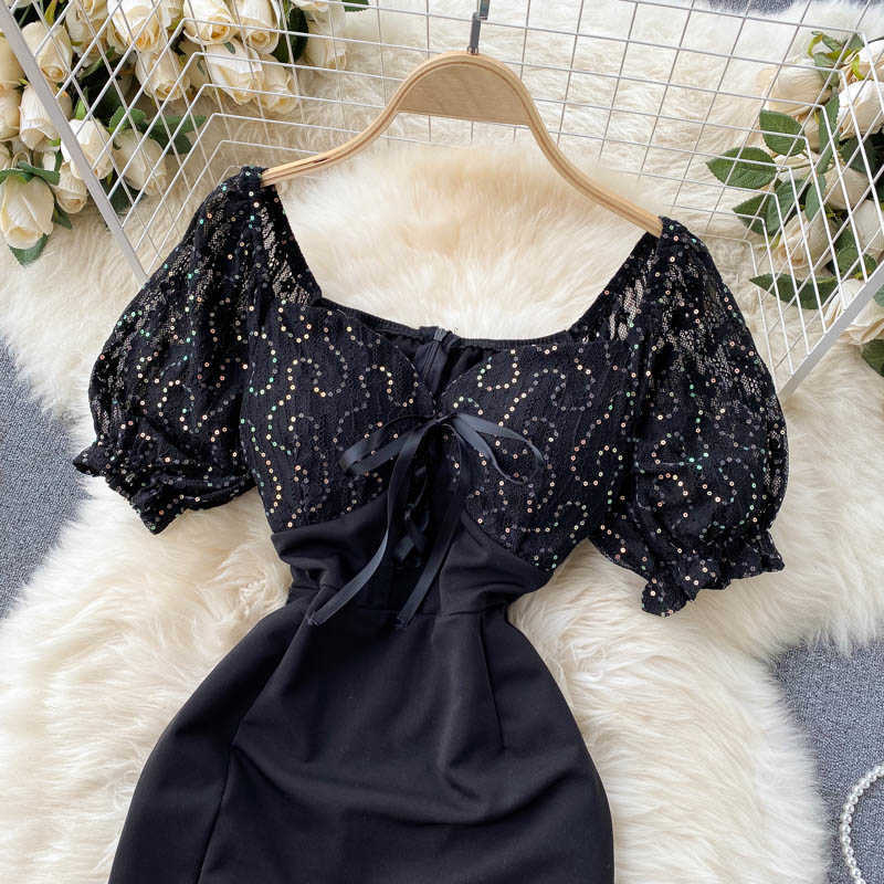 DEAT Women Embroidery Sequins Lace Puff Sleeve Buttocks Dress Square Collar Slim Short Fashion Spring Summer 11B756 210709