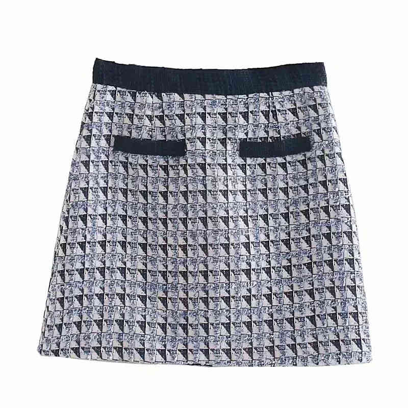 Retro Blue Plaid Tweed Elegant Single Breasted Pocket Mini High Waist A-Line Skirt Women's Style 210521