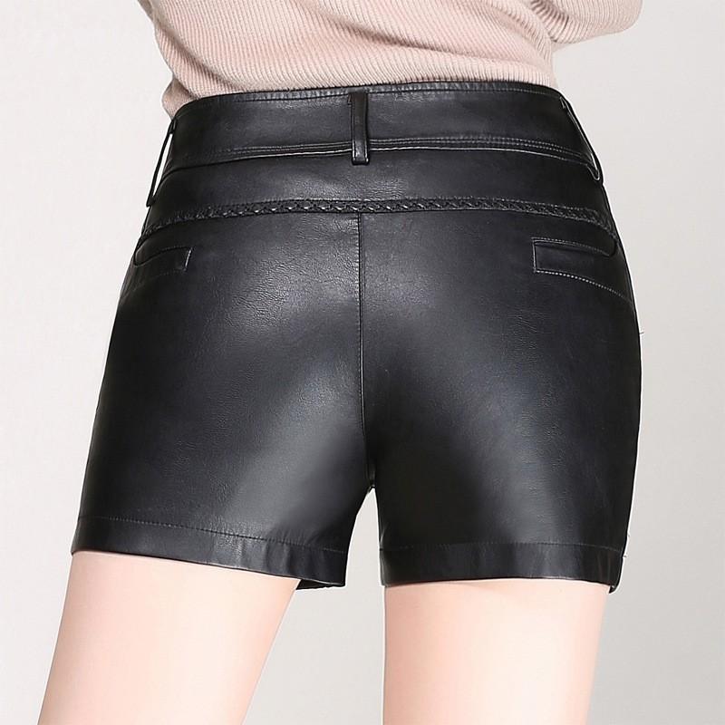 Casual Shorts Women 2021 Autumn Winter Korean Slim PU Faux Leather Ladies High Waist Button Large Size Bottom Female Women's