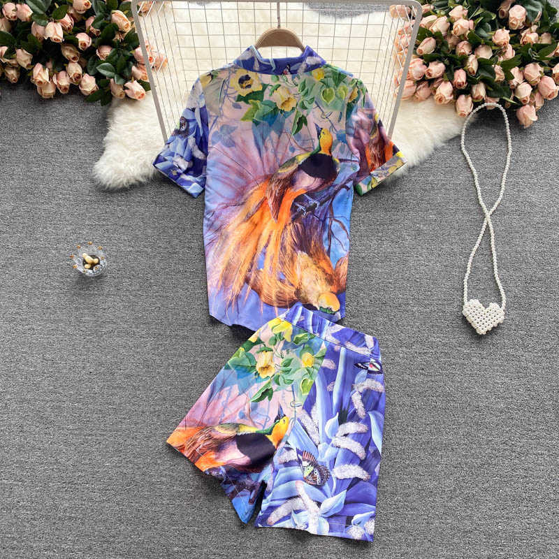DEAT Women Lapel Short Sleeve Printing Shirt Shorts Arrivals Two Piece Set Fashion Temperament Spring Summer 11D1563 210709