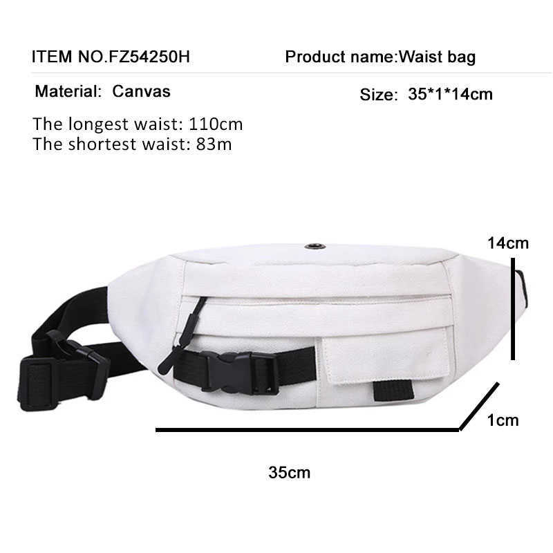 Waist Belt Bag Female Harajuku Style Slung Canvas Casual Running Sports Chest White Fanny Pack Black Bum 210708