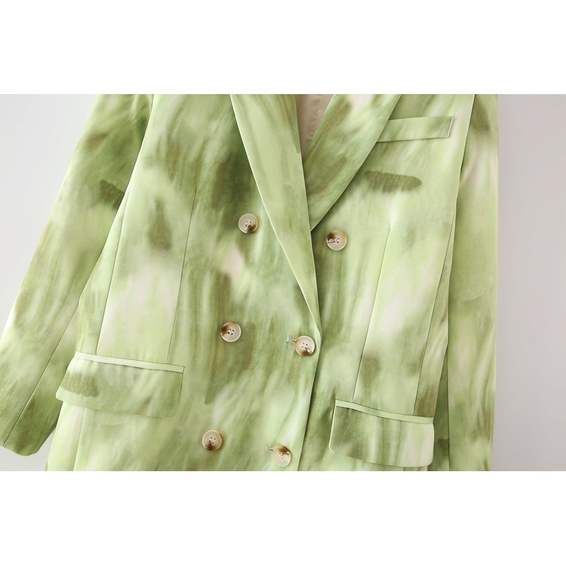 fashion women notched collar blazer office ladies gradient green print jackets casual female pocket suits girls chic 210430