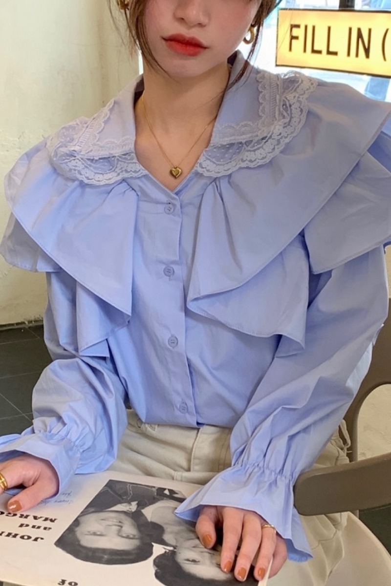 Korean Blouse Ruffle Turn Down Collar Long Sleeve Shirt Women Solid Color Casual Loose Fashion Tops Chic Blusas 210519