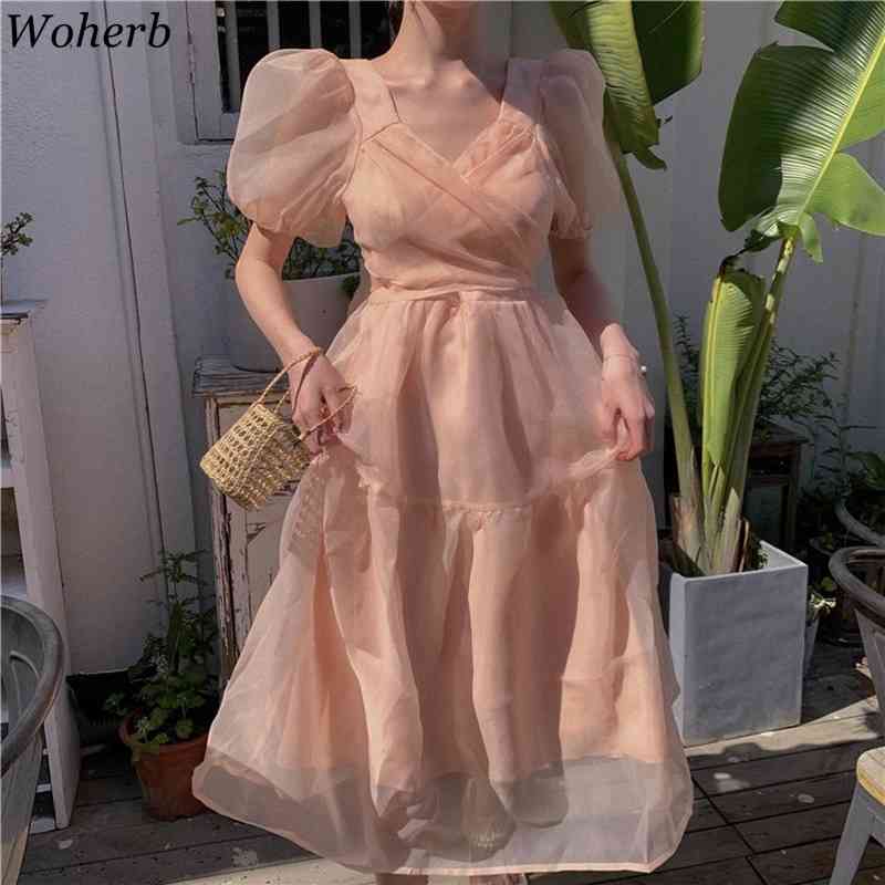 Women Dress Chic Elegant Robe Summer Temperament Gentle Puff Short Sleeve Vestidos Sweet Gauze Korean Slim Dresses 210519
