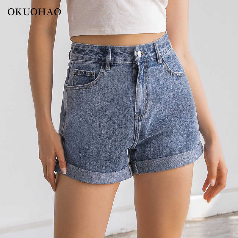 Okuohao High Waist Denim Shorts Women Plus Size Fashion Casual Slim Jeans Short Washed Sexy Female Summer Cotton 210714