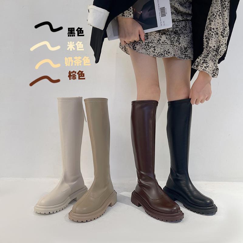 Boots Women Thigh High 2021 Winter Slim Flat Thick Sole Platform Female Black Knee-High Motorcycle Women's Shoes