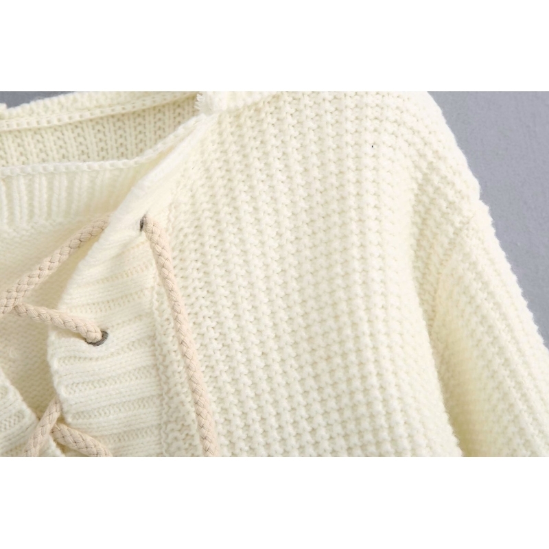 fashion women knitwear hoodie autumn white lace up o neck ladies knit coats casual female knitwears soft girls chic 210430