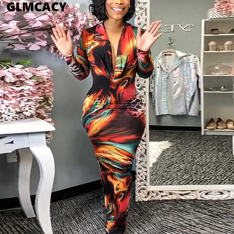 Women Abstract Printed Sexy Off Shoulder Dress Long Sleeve Bodycon Bandage Maxi Dress Party Club Long Dress 210702