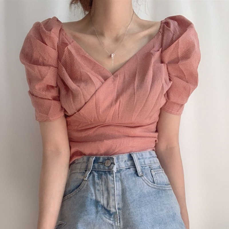 Korejpaa Women Blouses Korean Chic Retro Sweet V-neck Sexy Folds Cross Waist Bubble Plaid Sleeve Shirt Top Female 210526
