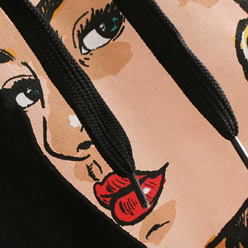 Streetwear Character Print Hooded Hoodies Women Long Sleeve Loose Black Sweatshirts Pullover Tops Autumn Spring Sudadera Mujer 210515