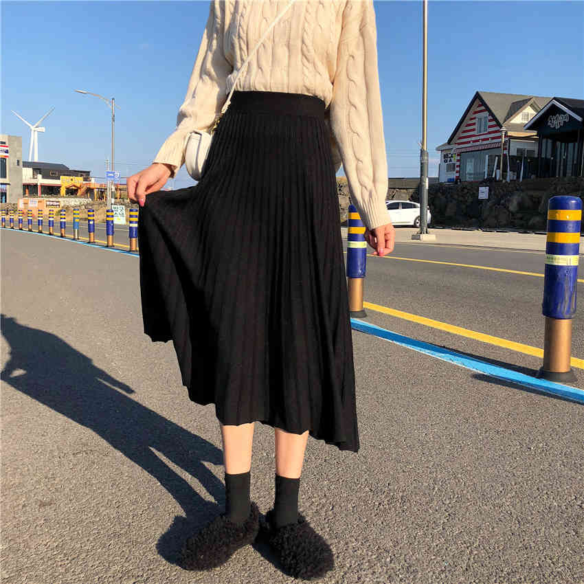 Nomikuma High Waist Women Sweater Skirts Causal Solid Korean Pleated A-line Skirt Autumn Winter Mujer Faldas New 6D292 210427