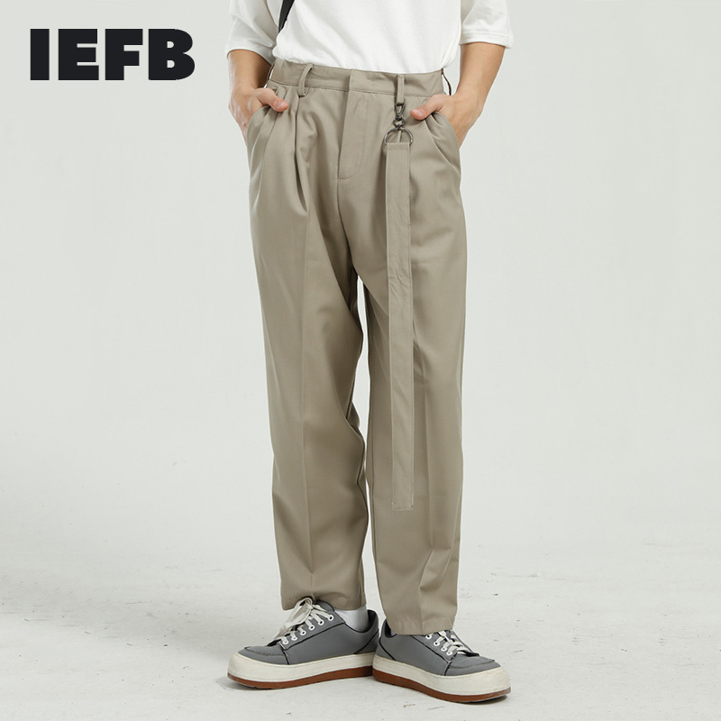 IEFB Men's Clothing Spring Trousers Korean Fashion Slim Fit Solid Color Mid Waist Casual Suit Pants With Pendant 9Y5825 210524